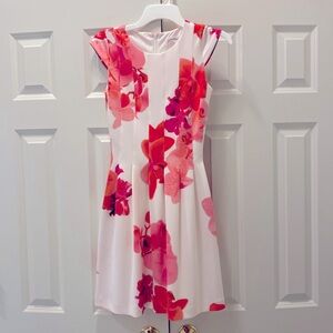 Spring pink and white dress, pleated bodice, fit and flare skirt, Calvin Klein